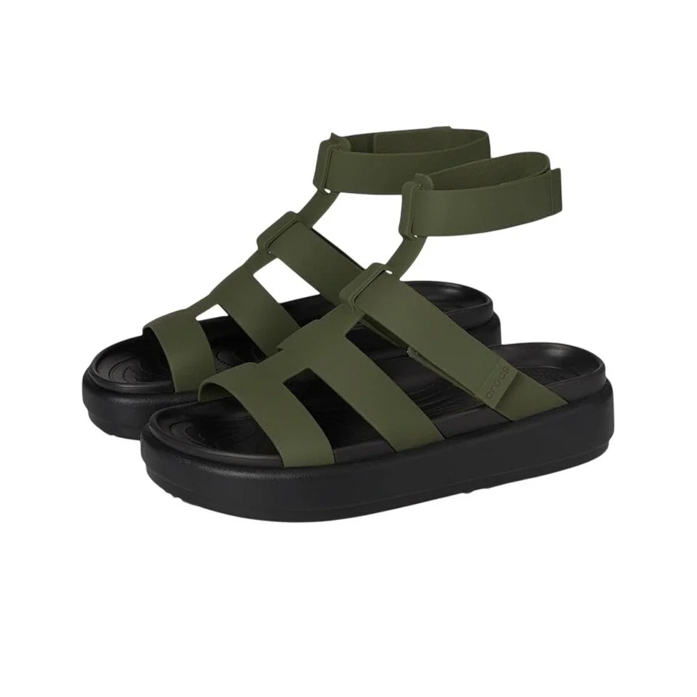 Crocs Brooklyn Luxe Gladiator Sandals Dark Olive Black Platform 209557-30Q SZ 4